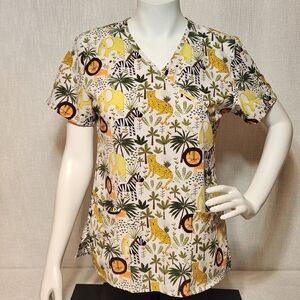 GT Performance Scrub Top Medium Safari Animals Zebra Animated Colorful